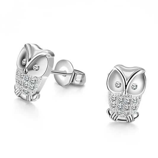 Diamond Owl Earrings Silver