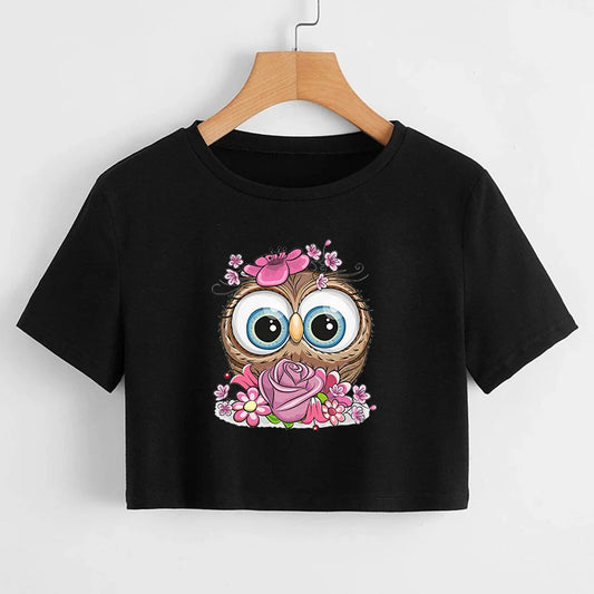 Owl Flowers T-Shirt Black