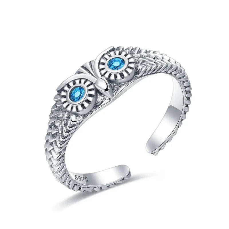 Blue Eyed Owl Ring Silver Resizable