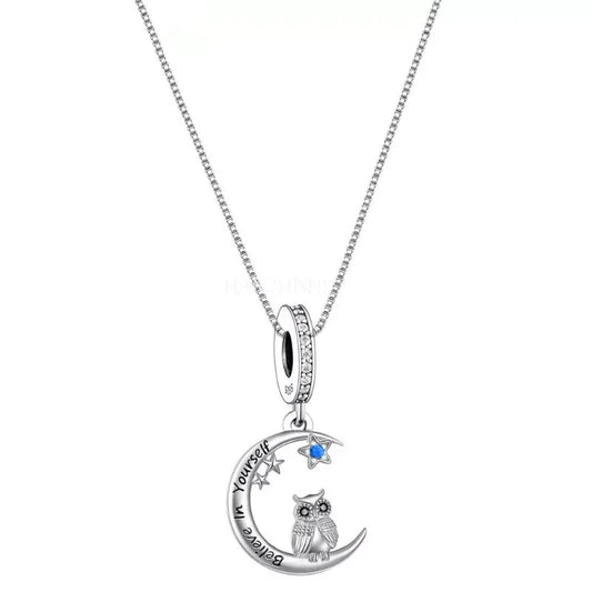 Owl and Moon Necklace Silver