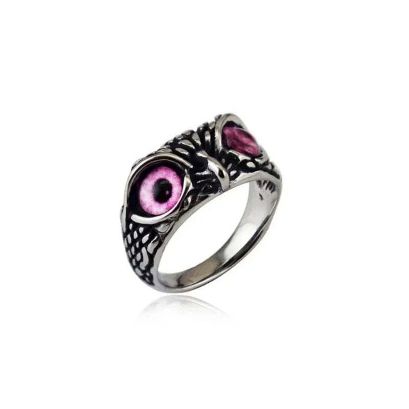 Owl Eyes Ring Pink Eyes Stainless Steel